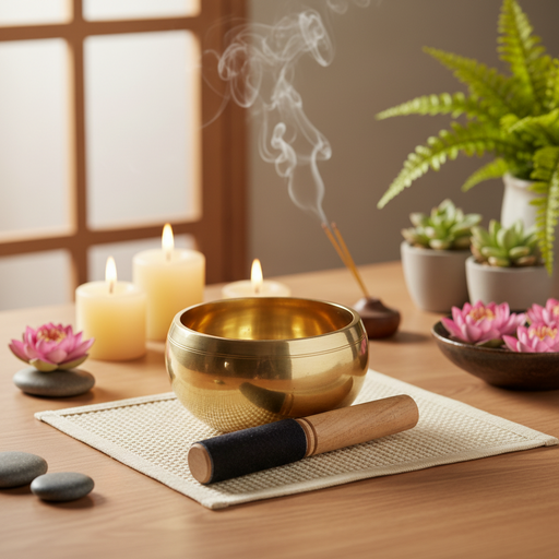 Singing bowl with wooden mallet on a table with candles, incense, and plants in the background.
