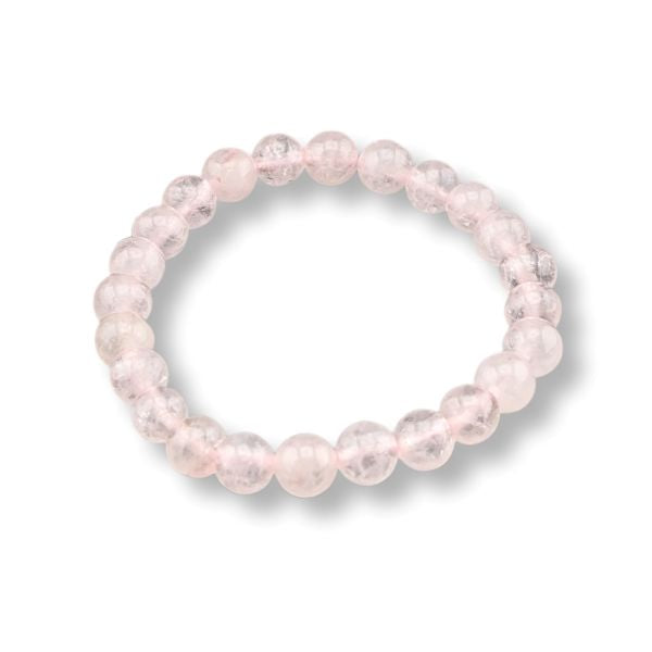 A beaded stretch bracelet made of translucent light pink round beads, shown on a clean white background with a soft drop shadow.