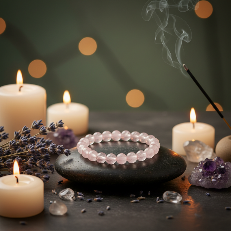 A pink beaded bracelet made of translucent rose quartz rests on a dark stone plate, surrounded by lit white candles, lavender sprigs, crystals, and a smoking incense stick against a dark green background with warm bokeh lights.