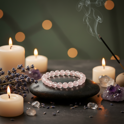 A pink beaded bracelet made of translucent rose quartz rests on a dark stone plate, surrounded by lit white candles, lavender sprigs, crystals, and a smoking incense stick against a dark green background with warm bokeh lights.
