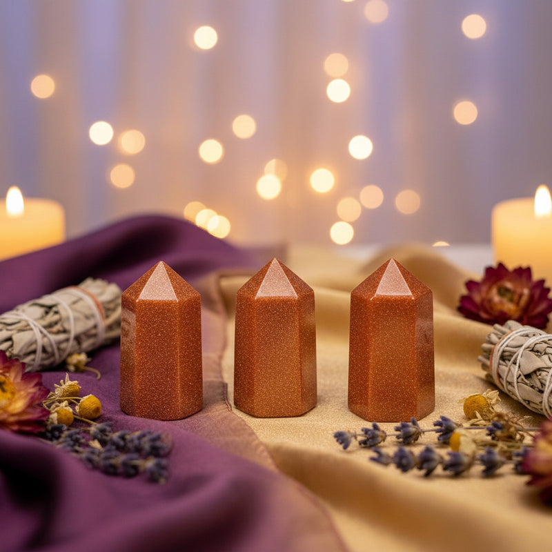 Three Goldstone Points in a spiritual setting surround by dried flowers, sage and candles in the background