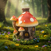 Fairy tale mushroom house in a forest with flowers and sunlight