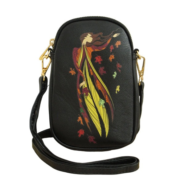 Black crossbody bag with colorful embroidered design on a white background