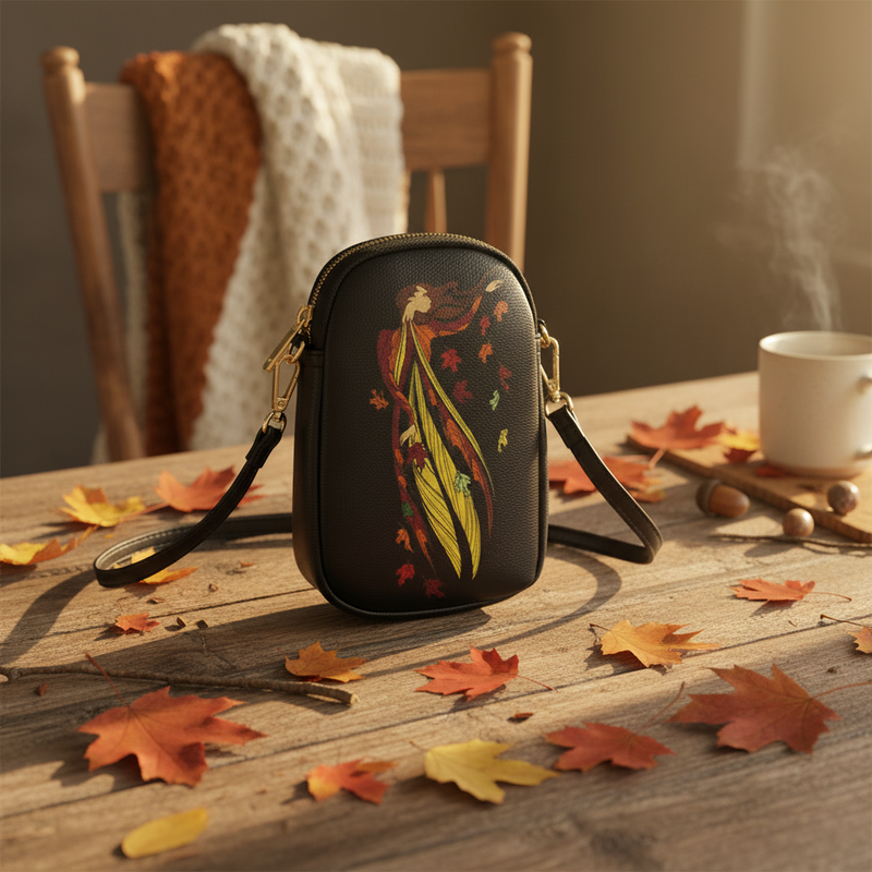 Black handbag with artistic design on a wooden table with autumn leaves