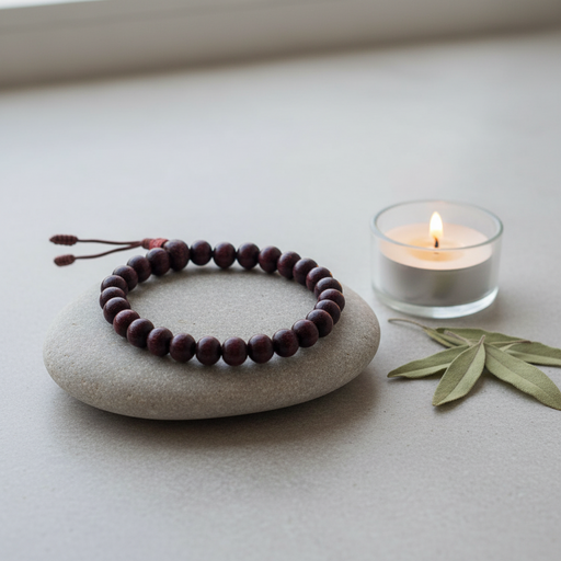 Meditation bracelet on a stone with a lit candle and leaves on a light surface