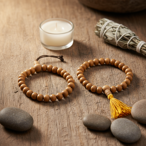 Wooden bracelets with a yellow tassel, candle, and sage on a wooden surface