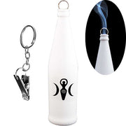 White keychain with a black symbol and a close-up of the keychain on a white background.