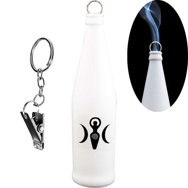 White keychain with a black symbol and a close-up of the keychain on a white background.