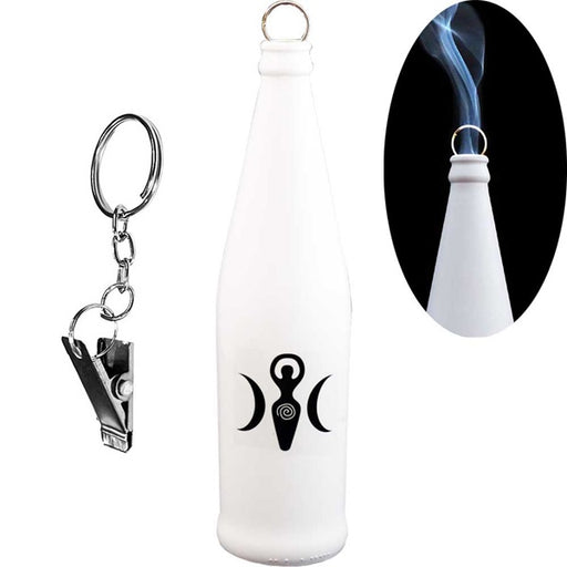 White keychain with a black symbol and a close-up of the keychain on a white background.