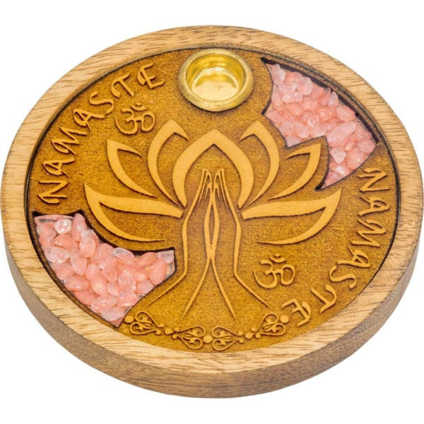 Incense Burner Wood Etched Namaste Rose Quartz