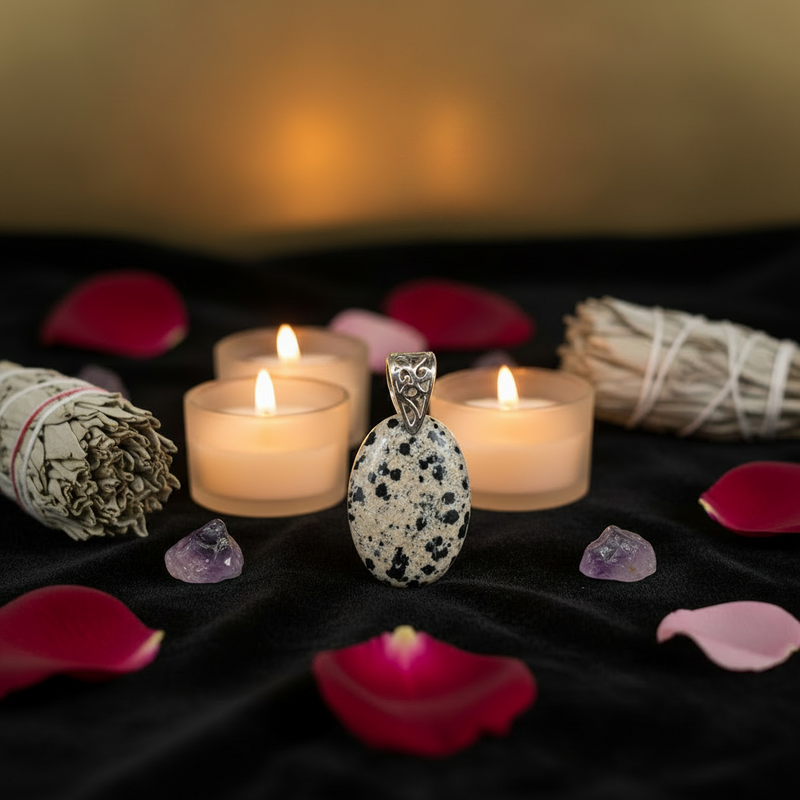 Decorative setting with candles, a pendant, crystals, and rose petals on a dark surface.