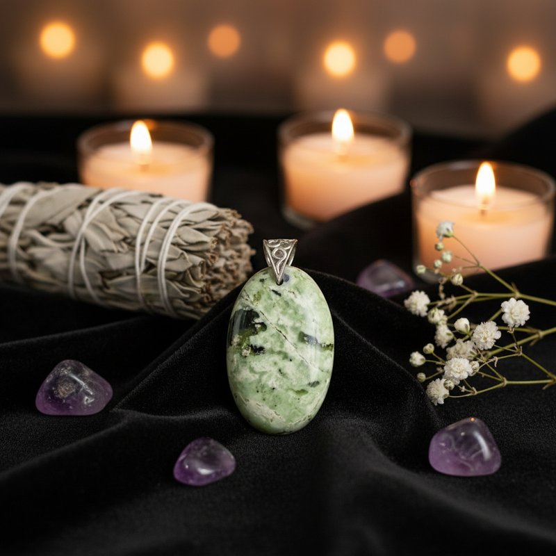 Green stone pendant with a triangle bail, sage bundle, purple crystals, and candles on a dark surface.