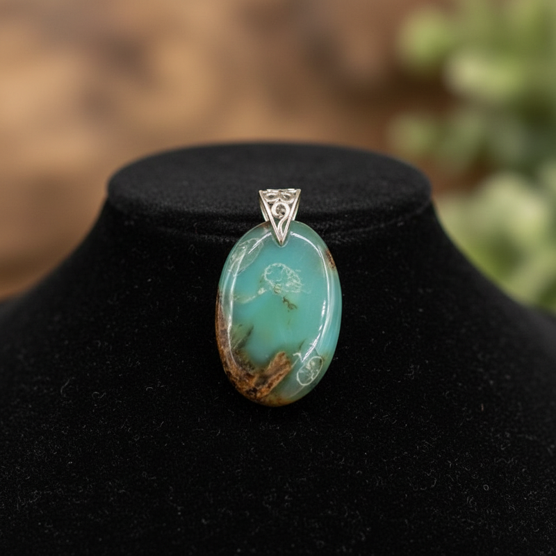 Chrysoprase pendant with silver triangle on a black stand against a blurred natural background