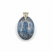 Blue stone pendant with gold chain on a white background