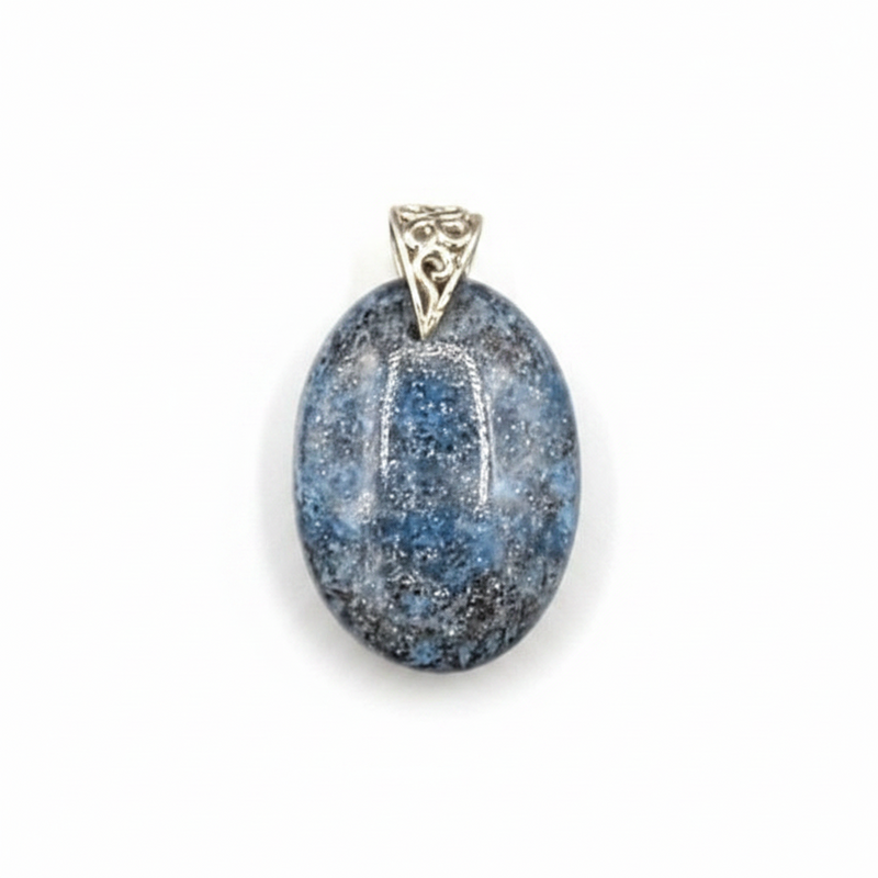 Blue stone pendant with gold chain on a white background