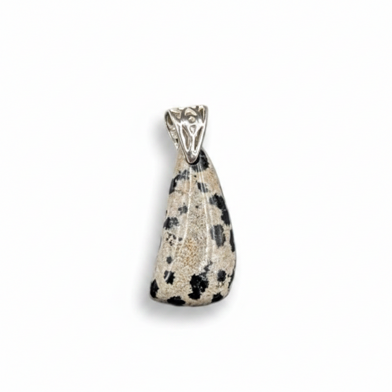 Teardrop-shaped pendant with black and white pattern on a white background