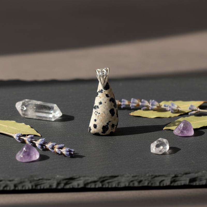 Decorative pendant with speckled pattern on a dark surface with crystals and leaves
