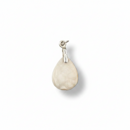 Teardrop-shaped pendant with a silver hook on a white background