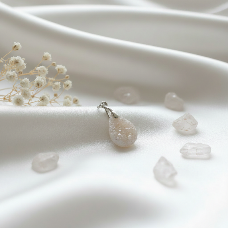 Teardrop-shaped earrings on a white fabric background with small flowers.
