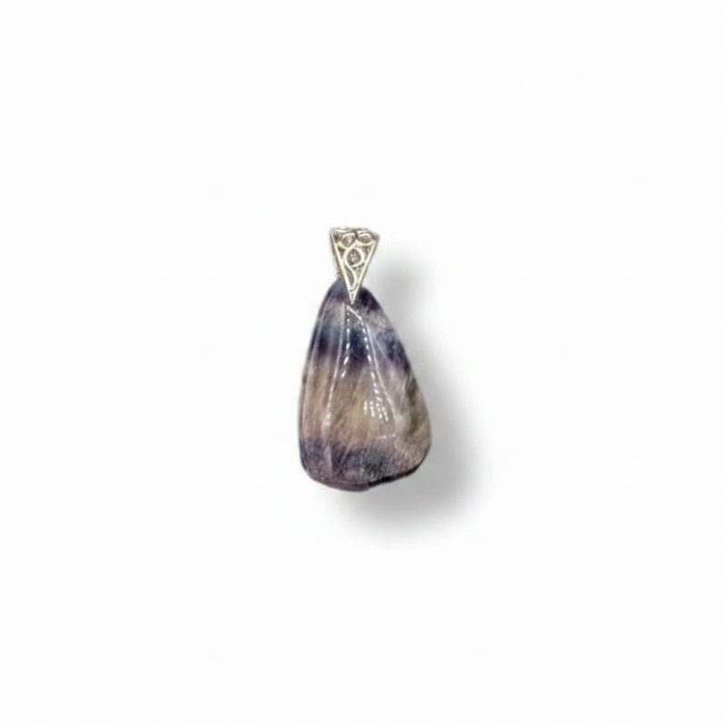 Teardrop-shaped stone pendant with a decorative metal cap on a white background