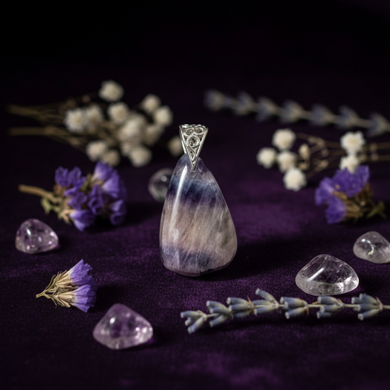Teardrop-shaped pendant with floral and crystal elements on a dark purple fabric background