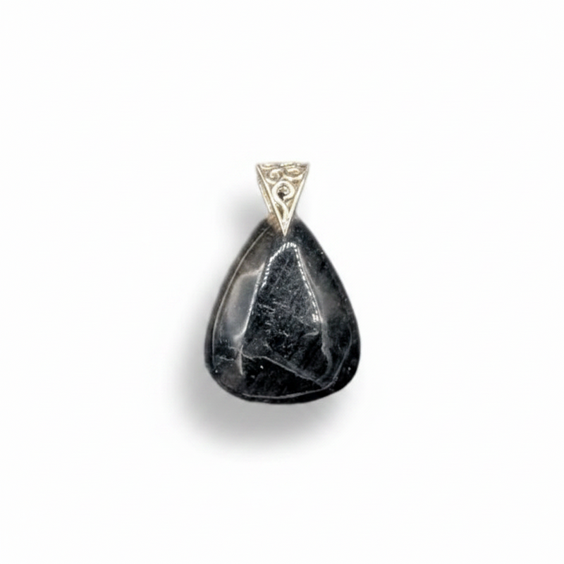 Teardrop-shaped pendant with a textured surface on a white background