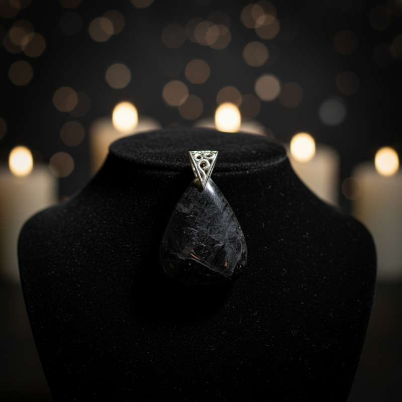 Jewelry display with a dark purple stone pendant on a black stand against a dark background with blurred lights.