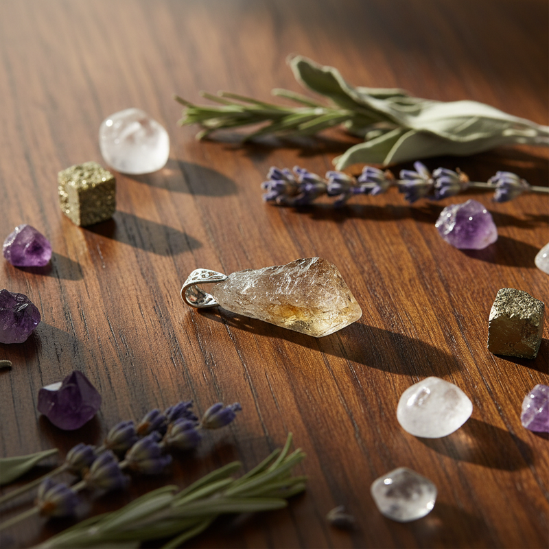 Citrine pendant surrounded by crystals and herbs on a wooden table.