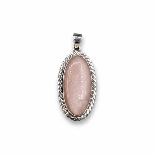 Pink stone pendant with silver frame on a white background
