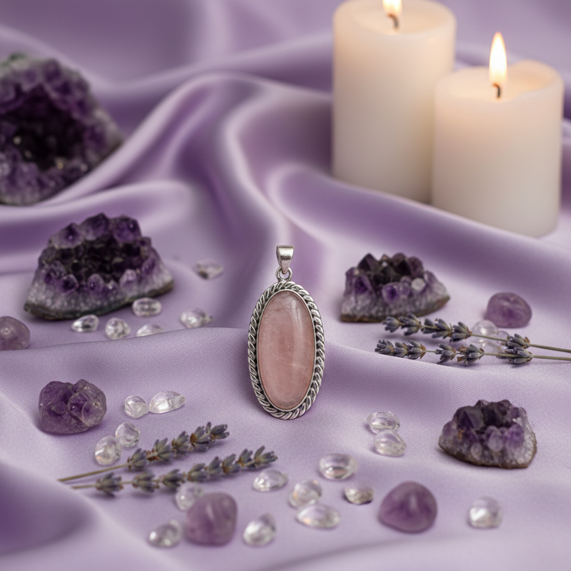 Pink pendant with amethysts and candles on a purple fabric background