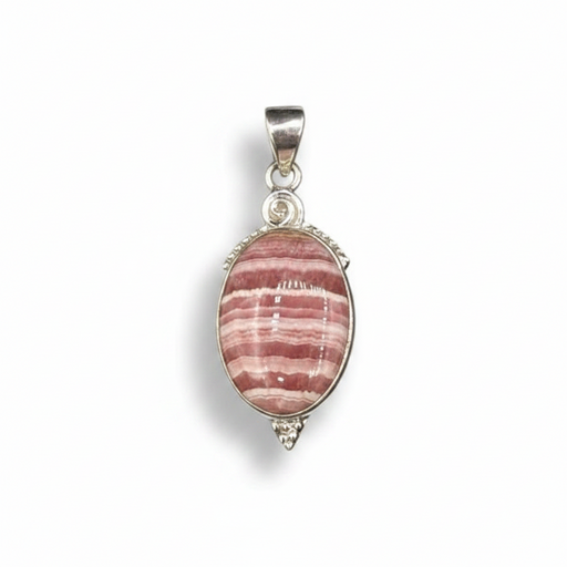 Pink stone pendant with silver setting on a white background