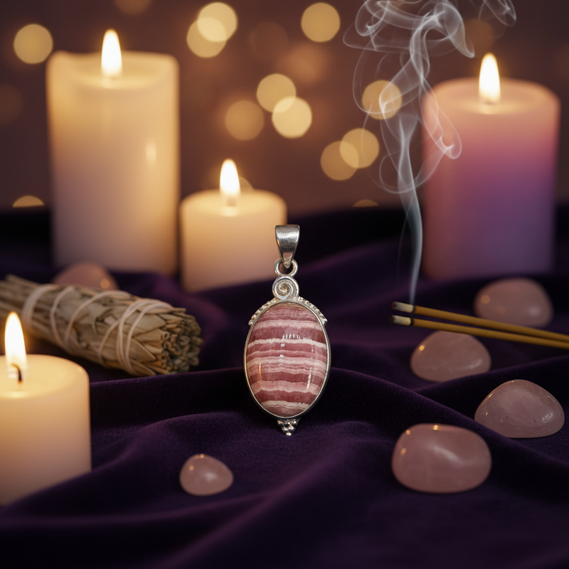 A stone pendant on a purple fabric with candles and incense in the background