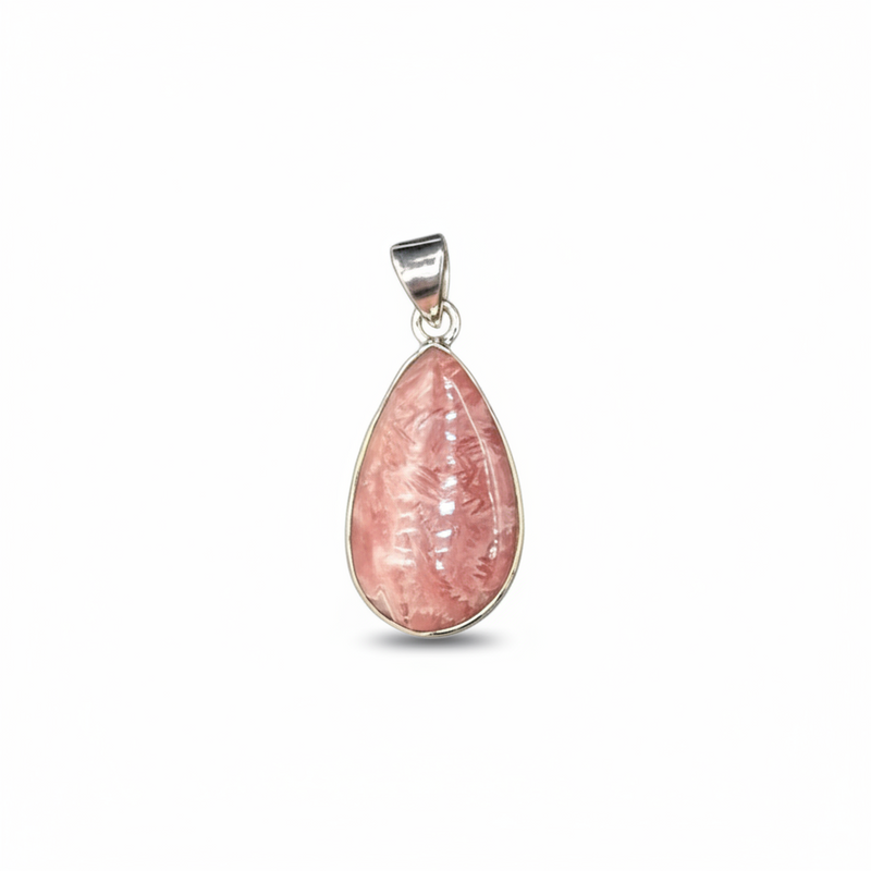 Pink teardrop pendant with silver setting on a white background