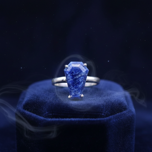 Blue gemstone ring on a blue cushion with a dark background