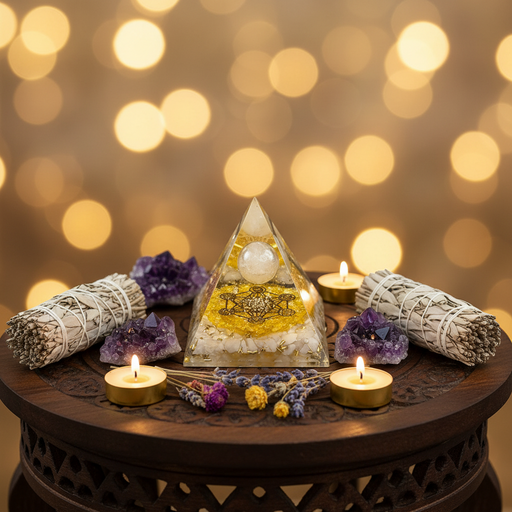 Decorative setup with a Orgonite pyramid with Clear Quartz sphere, Citrine, Snow Quartz, and Metatron symbol: candles, and smudge sticks on a wooden table against a bokeh light background.