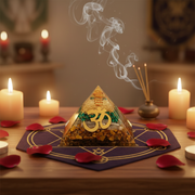 Orgonite Pyramid with Malachite, Selenite, and Tiger’s Eye and Om symbol on a table with candles and incense