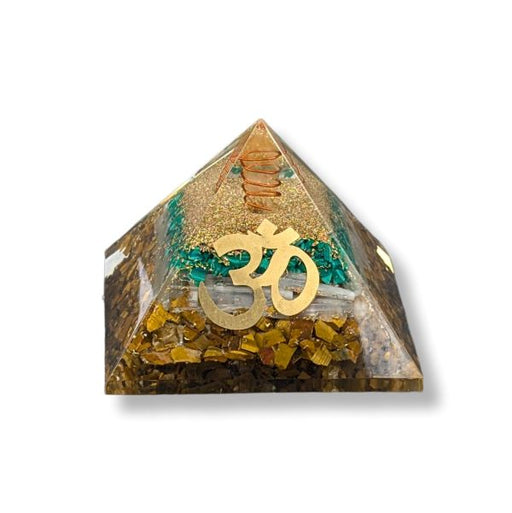 Orgonite Pyramid with Malachite, Selenite, and Tiger’s Eye and Om symbol on a white background