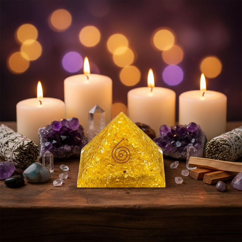 Orgonite pyramid with Citrine and Yellow Onyx on a wooden surface with candles and crystals.