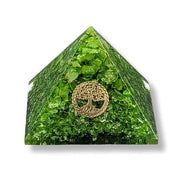 Orgonite pyramid with Green Onyx and Tree of Life symbol on a white background