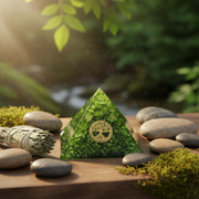 Orgonite pyramid with Green Onyx and Tree of Life symbol on a wooden surface with stones and plants.