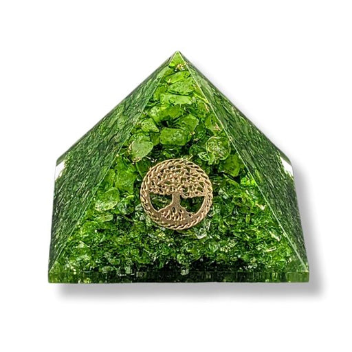 Orgonite pyramid with Green Onyx and Tree of Life symbol on a white background