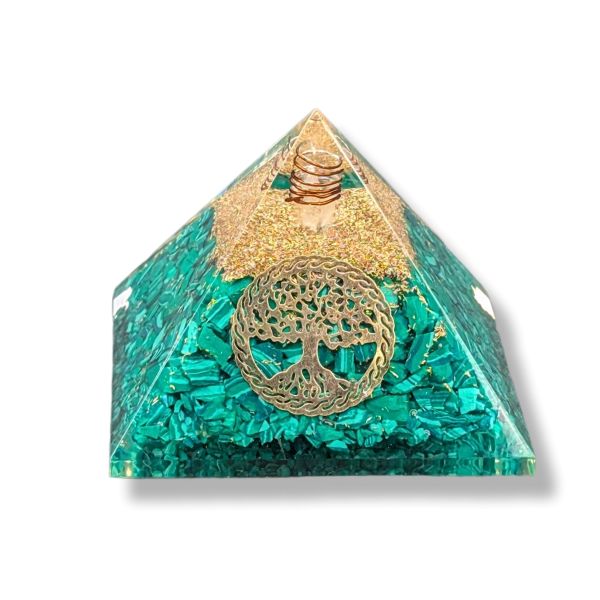 Orgonite pyramid with Malachite and Tree of Life symbol on a white background