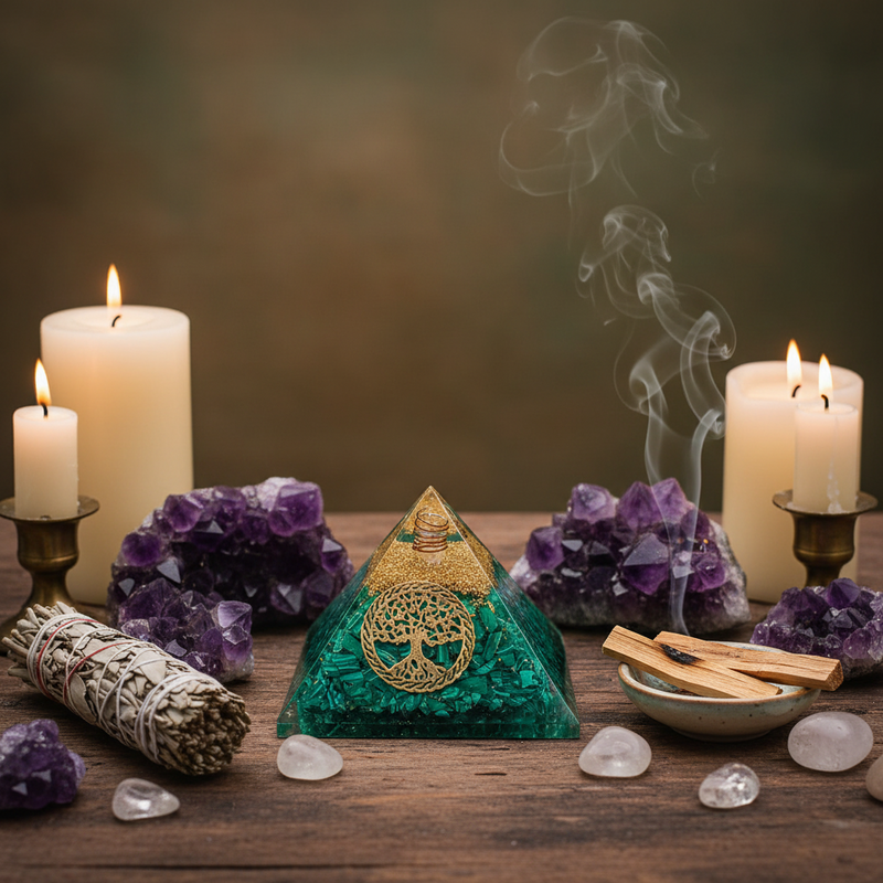a Orgonite pyramid with Malachite and Tree of Life symbol on a Wiccan or spiritual altar setup with candles and crystals