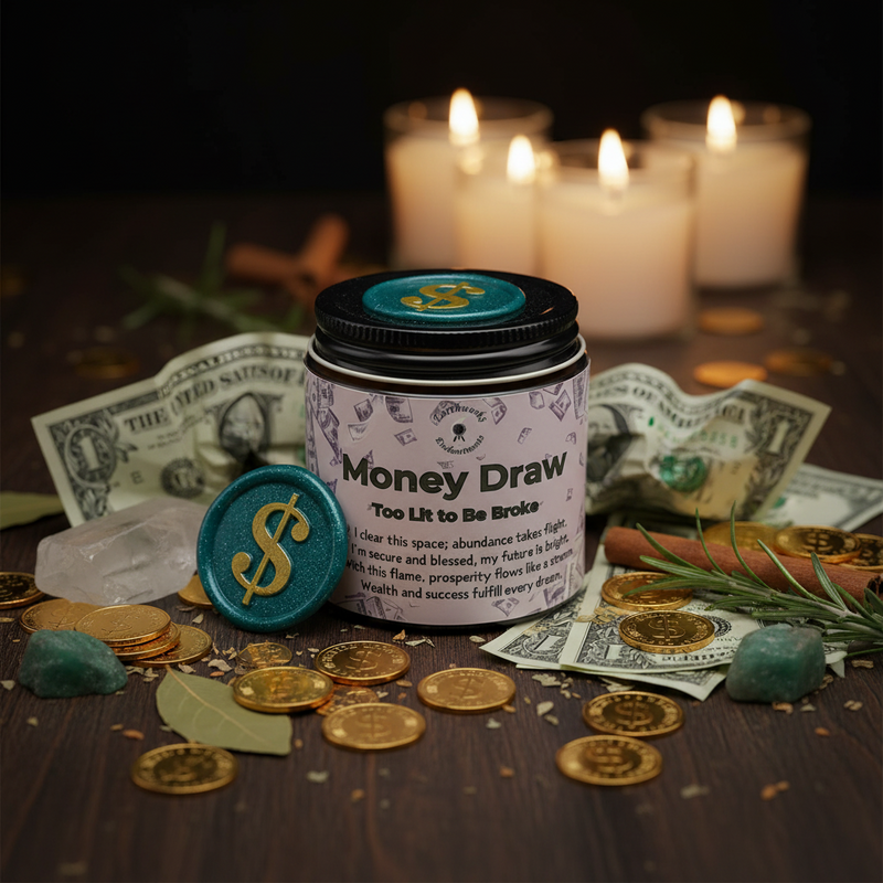 Candle labeled 'Money Draw' surrounded by money, coins, and candles on a dark surface