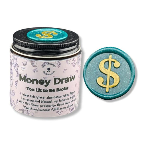 Candle jar labeled 'Money Draw' with a dollar sign symbol on a white background