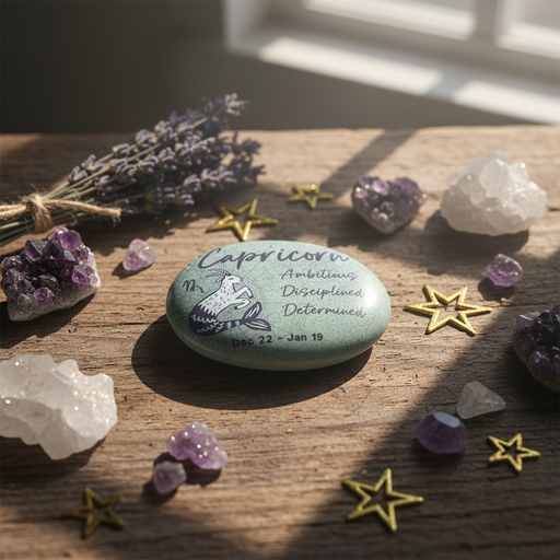 Decorative stone with Capricorn zodiac sign surrounded by crystals and stars on a wooden surface