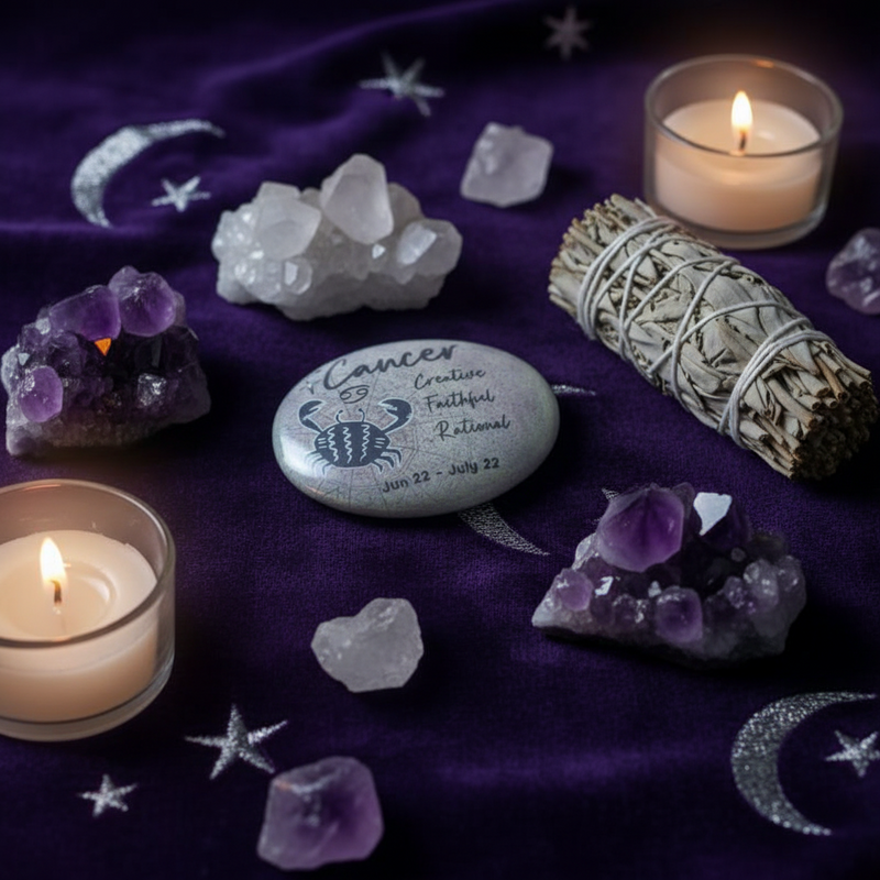 Decorative setting with candles, crystals, and an art stone for the zodiac Cancer on a purple fabric background.