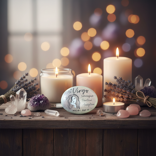 Candles, crystals, and a 'Virgo' stone on a wooden surface with a bokeh light background.