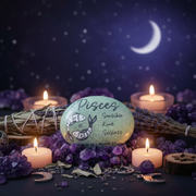  Pisces astrological stone with candles and crystals on a dark background