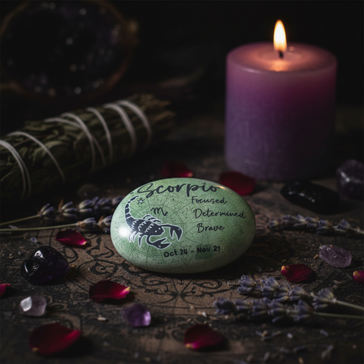 Decorative stone with Scorpio zodiac sign and text, surrounded by candles and herbs on a dark background